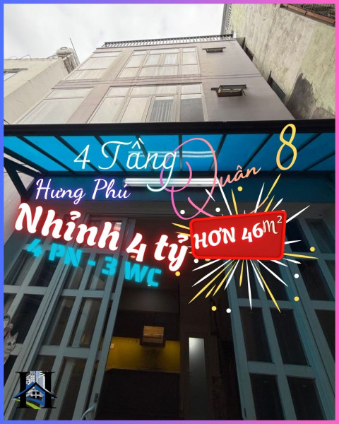NHÀ NGANG HIẾM 4,7m, HƠN 46m², 4 TẦNG, NHỈNH 4 TỶ, TẶNG NỘI THẤT ML, GẦN MẶT TIỀN HƯNG PHÚ Q.
