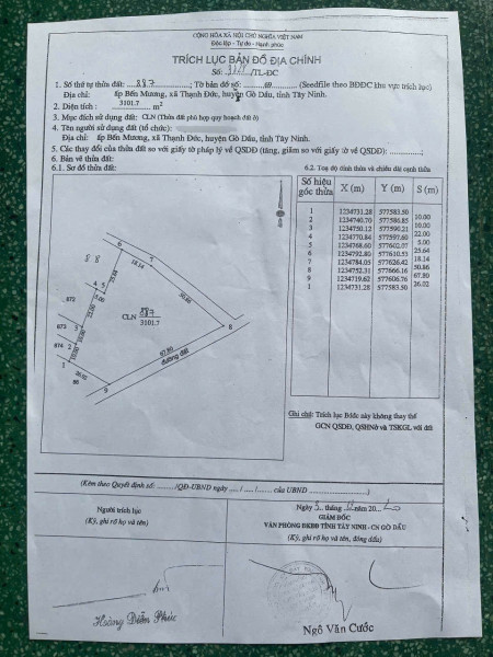 Bán khu đất 3000m2 lô góc 2 mặt tiền tại ấp Bến Mương xã Thạnh Đức huyện Gò Dầu Tây Ninh QH đất ở